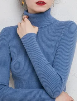 Best Women's Pullover Sweater Jumper Stylish Casual Soft Solid Color Ribbed Turtleneck Oversized Long Sleeve Knit Daily Holiday Going out Rust Red Pink purple Fall Winter Women Pullovers & Tops
