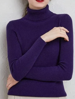 Best Women's Pullover Sweater Jumper Stylish Casual Soft Solid Color Ribbed Turtleneck Oversized Long Sleeve Knit Daily Holiday Going out Rust Red Pink purple Fall Winter Women Pullovers & Tops