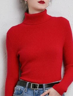 Best Women's Pullover Sweater Jumper Stylish Casual Soft Solid Color Ribbed Turtleneck Oversized Long Sleeve Knit Daily Holiday Going out Rust Red Pink purple Fall Winter Women Pullovers & Tops
