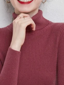 Best Women's Pullover Sweater Jumper Stylish Casual Soft Solid Color Ribbed Turtleneck Oversized Long Sleeve Knit Daily Holiday Going out Rust Red Pink purple Fall Winter Women Pullovers & Tops