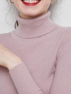 Best Women's Pullover Sweater Jumper Stylish Casual Soft Solid Color Ribbed Turtleneck Oversized Long Sleeve Knit Daily Holiday Going out Rust Red Pink purple Fall Winter Women Pullovers & Tops