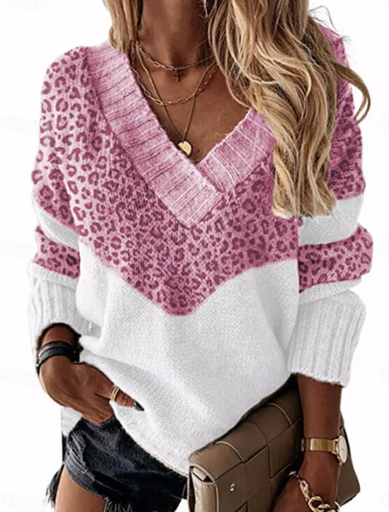 Outlet Women's Pullover Sweater Jumper Stylish Casual Soft Leopard Color Block Ribbed V Neck Patchwork Long Sleeve Regular Tops Knit Daily Going out Weekend Pink Blue Fall Winter Women Pullovers & Tops