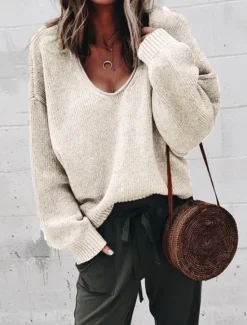 Hot Women's Pullover Sweater Oversized Jumper Knitted Solid Color Stylish Basic Casual Long Sleeve Regular Fit Sweater Cardigans V Neck Fall Winter Black Purple Gray / Holiday Women Pullovers & Tops