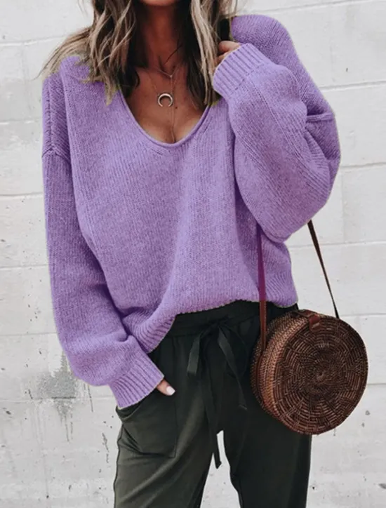 Hot Women's Pullover Sweater Oversized Jumper Knitted Solid Color Stylish Basic Casual Long Sleeve Regular Fit Sweater Cardigans V Neck Fall Winter Black Purple Gray / Holiday Women Pullovers & Tops