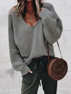 Hot Women's Pullover Sweater Oversized Jumper Knitted Solid Color Stylish Basic Casual Long Sleeve Regular Fit Sweater Cardigans V Neck Fall Winter Black Purple Gray / Holiday Women Pullovers & Tops