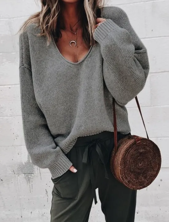 Hot Women's Pullover Sweater Oversized Jumper Knitted Solid Color Stylish Basic Casual Long Sleeve Regular Fit Sweater Cardigans V Neck Fall Winter Black Purple Gray / Holiday Women Pullovers & Tops