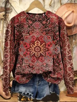 Clearance Women's Pullover Sweatshirt Graphic Paisley Warm Vintage Western Long Sleeve Crew Neck Regular Tops Street Dailywear Casual Print Pink Red Blue Fuchsia Green Spring Fall Winter Women Hoodies & Sweatshirts