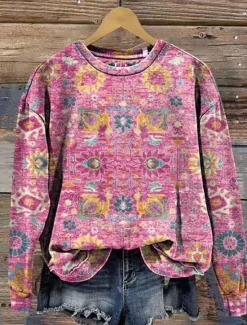 Clearance Women's Pullover Sweatshirt Graphic Paisley Warm Vintage Western Long Sleeve Crew Neck Regular Tops Street Dailywear Casual Print Pink Red Blue Fuchsia Green Spring Fall Winter Women Hoodies & Sweatshirts