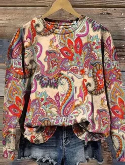 Clearance Women's Pullover Sweatshirt Graphic Paisley Warm Vintage Western Long Sleeve Crew Neck Regular Tops Street Dailywear Casual Print Pink Red Blue Fuchsia Green Spring Fall Winter Women Hoodies & Sweatshirts