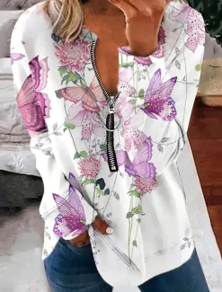 Outlet Women's Pullover Sweatshirt Zip Up Sweatshirts Floral Graphic Butterfly Fashion Casual Long Sleeve Crew Neck V Neck Regular Tops Street Dailywear Zipper Print Pink Purple Light Blue Fall Winter Women Hoodies & Sweatshirts