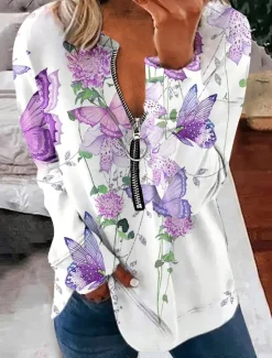 Outlet Women's Pullover Sweatshirt Zip Up Sweatshirts Floral Graphic Butterfly Fashion Casual Long Sleeve Crew Neck V Neck Regular Tops Street Dailywear Zipper Print Pink Purple Light Blue Fall Winter Women Hoodies & Sweatshirts
