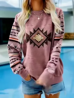 Sale Women's Pullover Sweatshirt Hoodies Graphic Geometric Tribal Fashion Casual Long Sleeve Crew Neck Round Neck Regular Tops Street Dailywear Print Pink Blue Purple Spring Fall Winter Women Hoodies & Sweatshirts