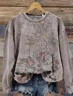Best Women's Pullover Sweatshirt Floral Warm Vintage Western Long Sleeve Crew Neck Regular Tops Home Street Dailywear Print White Dark Pink Blue Green Gray Summer Spring Fall Winter Women Hoodies & Sweatshirts|Women's Tops
