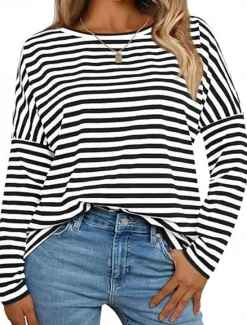 Sale Women's Pullover Sweatshirt Hoodies Striped Fashion Streetwear Casual Long Sleeve Crew Neck Regular Tops Street Dailywear Print Black Blue Spring Fall Women Hoodies & Sweatshirts