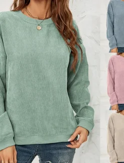 Discount Women's Pullover Sweatshirt Plain Casual Long Sleeve Round Neck Regular Tops Street Dailywear Pink Wine Green Fall Winter Women Hoodies & Sweatshirts