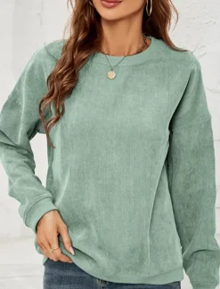 Discount Women's Pullover Sweatshirt Plain Casual Long Sleeve Round Neck Regular Tops Street Dailywear Pink Wine Green Fall Winter Women Hoodies & Sweatshirts