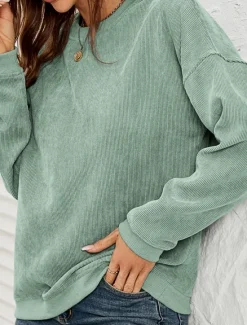 Discount Women's Pullover Sweatshirt Plain Casual Long Sleeve Round Neck Regular Tops Street Dailywear Pink Wine Green Fall Winter Women Hoodies & Sweatshirts