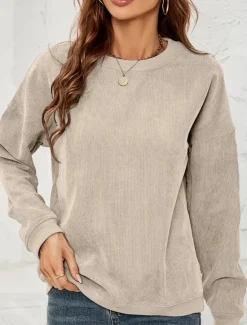 Discount Women's Pullover Sweatshirt Plain Casual Long Sleeve Round Neck Regular Tops Street Dailywear Pink Wine Green Fall Winter Women Hoodies & Sweatshirts