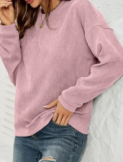 Discount Women's Pullover Sweatshirt Plain Casual Long Sleeve Round Neck Regular Tops Street Dailywear Pink Wine Green Fall Winter Women Hoodies & Sweatshirts