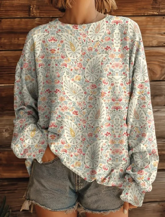 Sale Women's Pullover Sweatshirt Floral Graphic Warm Active Vintage Long Sleeve Round Neck Regular Tops Street Dailywear Casual Print White Yellow Red Blue Brown Spring Fall Winter Women Hoodies & Sweatshirts