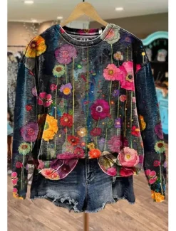 Sale Women's Pullover Sweatshirt Floral Graphic Warm Active Vintage Long Sleeve Crew Neck Regular Tops Street Dailywear Casual Print Black Pink Blue Green Spring Fall Winter Women Hoodies & Sweatshirts