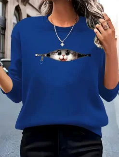 Sale Women's Pullover Sweatshirt Graphic Animal Cat Warm Active Vintage Long Sleeve Crew Neck Regular Tops Street Dailywear Casual Patchwork Print Black Red Blue Light Grey Spring Fall Winter Women Hoodies & Sweatshirts