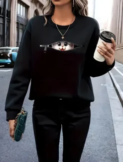 Sale Women's Pullover Sweatshirt Graphic Animal Cat Warm Active Vintage Long Sleeve Crew Neck Regular Tops Street Dailywear Casual Patchwork Print Black Red Blue Light Grey Spring Fall Winter Women Hoodies & Sweatshirts