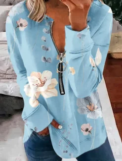 Best Women's Pullover Sweatshirt Zip Up Sweatshirts Floral Graphic Fashion Casual Long Sleeve Crew Neck Regular Tops Street Dailywear Zipper Print Black White Light Green Light Blue Spring Fall Winter Women Hoodies & Sweatshirts