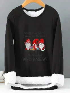 Women's Pullover Sweatshirt Sherpa Fleece Lined Letter Gnome Warm Fuzzy Black Blue Casual Sports Round Neck Long Sleeve Top Micro-elastic Fall & Winter Comfrt Breathable Soft Fabric Women Hoodies & Sweatshirts