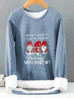 Women's Pullover Sweatshirt Sherpa Fleece Lined Letter Gnome Warm Fuzzy Black Blue Casual Sports Round Neck Long Sleeve Top Micro-elastic Fall & Winter Comfrt Breathable Soft Fabric Women Hoodies & Sweatshirts