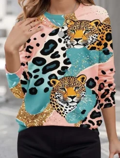 Discount Women's Pullover Sweatshirts Animal Leopard Active Cute Classic Long Sleeve Crew Neck Round Neck Regular Tops Home Work Dailywear Print Summer Spring Fall Spring, Fall, Winter, Summer Women Women's Tops|Hoodies & Sweatshirts