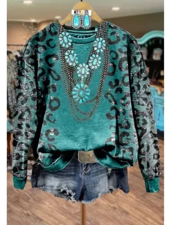 Clearance Women's Pullover Sweatshirt Floral Graphic Warm Vintage Fashion Long Sleeve Crew Neck Regular Tops Street Dailywear Casual Print Red Blue Fuchsia Brown Green Spring Fall Winter Women Hoodies & Sweatshirts