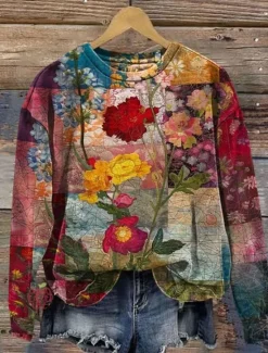 Clearance Women's Pullover Sweatshirt Floral Graphic Warm Vintage Fashion Long Sleeve Crew Neck Regular Tops Street Dailywear Casual Print Red Blue Fuchsia Brown Green Spring Fall Winter Women Hoodies & Sweatshirts