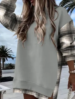 Discount Women's Pullover Sweatshirt Heart Plaid Casual Long Sleeve Crew Neck Regular Tops Street Dailywear Sequins Patchwork Zipper Green Dark Gray Beige Gray Fall Winter Women Hoodies & Sweatshirts