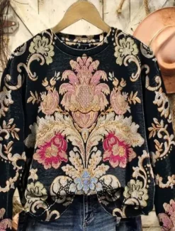 New Women's Pullover Sweatshirt Floral Graphic Geometric Warm Fashion Western Long Sleeve Crew Neck Regular Tops Street Dailywear Casual Print Black Blue Fuchsia Orange Green Spring Fall Winter Women Hoodies & Sweatshirts