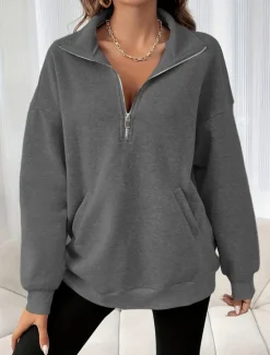 Clearance Women's Pullover Sweatshirt Plain Casual Long Sleeve Turtleneck Regular Tops Street Dailywear Patchwork Zipper Black Fuchsia Dark Gray Beige Gray Fall Winter Women Hoodies & Sweatshirts