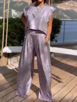 Hot Women's Punk Stylish Tank Top Wide Leg Pants Short Sleeve Crew Neck Plain Holiday Weekend Black Purple Fuchsia Summer Regular Fit Women Two Piece Sets
