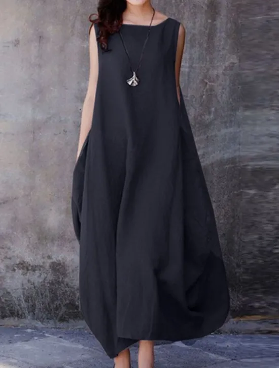 Women's Purple Brown Dark Blue Summer Spring Maxi Dress Cotton Linen Dresses Casual Dress Cotton Linen Dress Basic Casual Mature Outdoor Vacation Daily Loose Fit Pure Color Boat Neck Women Dresses