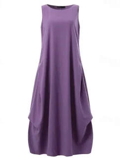 Women's Purple Brown Dark Blue Summer Spring Maxi Dress Cotton Linen Dresses Casual Dress Cotton Linen Dress Basic Casual Mature Outdoor Vacation Daily Loose Fit Pure Color Boat Neck Women Dresses