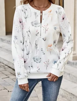 Sale Women's Quarter Zipper Sweater Floral Street Dailywear Print Casual Crew Neck Long Sleeve Micro-elastic Fall Winter Comfrt Breathable Soft Fabric Women Hoodies & Sweatshirts