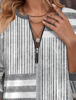Clearance Women's Quarter Zipper Sweater Geometric Striped Casual Long Sleeve Crew Neck Regular Tops Street Dailywear Print Fall Winter Women Hoodies & Sweatshirts