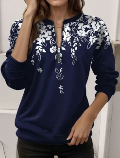 Women's Quarter Zipper Sweater Floral Street Dailywear Print Casual Crew Neck Long Sleeve Micro-elastic Fall Winter Comfrt Breathable Soft Fabric Women Hoodies & Sweatshirts