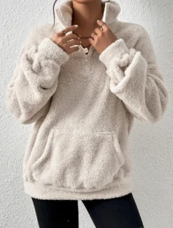 Best Women's Quarter Zipper Sweater Pullover Casual Soft Pure Color Fuzzy Stand Collar Pocket Long Sleeve Regular Tops Knit Outdoor Daily Weekend Black Apricot Fall Winter Women Hoodies & Sweatshirts