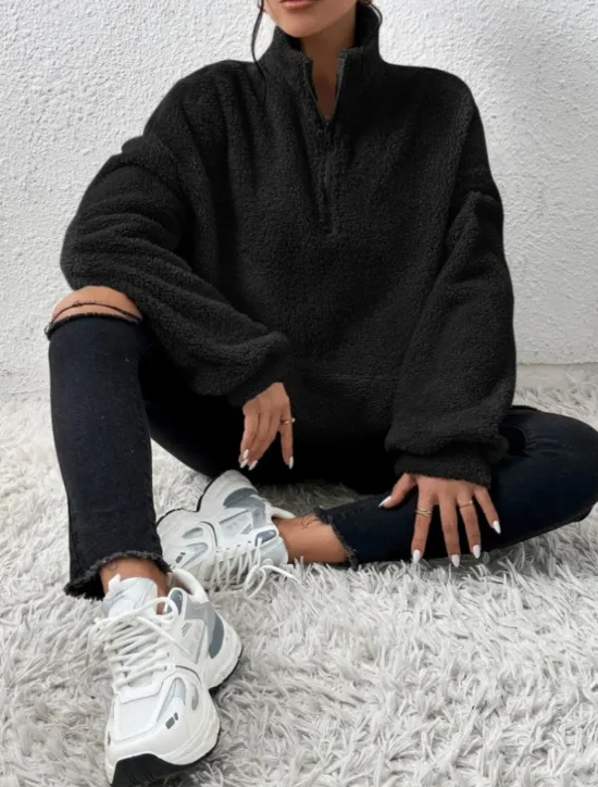 Best Women's Quarter Zipper Sweater Pullover Casual Soft Pure Color Fuzzy Stand Collar Pocket Long Sleeve Regular Tops Knit Outdoor Daily Weekend Black Apricot Fall Winter Women Hoodies & Sweatshirts