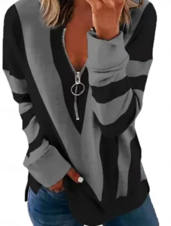 Best Women's Quarter Zipper Sweater Pullover Geometric Casual Long Sleeve Crew Neck Regular Tops Street Dailywear Casual Print Black White Red Blue Gray Fall Winter Women Hoodies & Sweatshirts