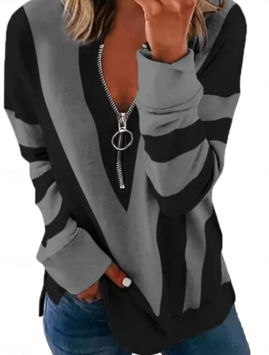 Best Women's Quarter Zipper Sweater Pullover Geometric Casual Long Sleeve Crew Neck Regular Tops Street Dailywear Casual Print Black White Red Blue Gray Fall Winter Women Hoodies & Sweatshirts