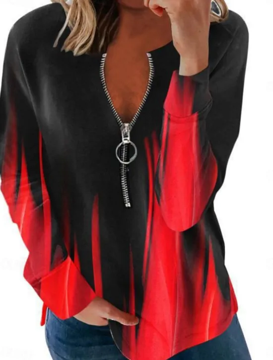 Best Women's Quarter Zipper Sweater Pullover Geometric Casual Long Sleeve Crew Neck Regular Tops Street Dailywear Casual Print Black White Red Blue Gray Fall Winter Women Hoodies & Sweatshirts