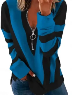 Best Women's Quarter Zipper Sweater Pullover Geometric Casual Long Sleeve Crew Neck Regular Tops Street Dailywear Casual Print Black White Red Blue Gray Fall Winter Women Hoodies & Sweatshirts