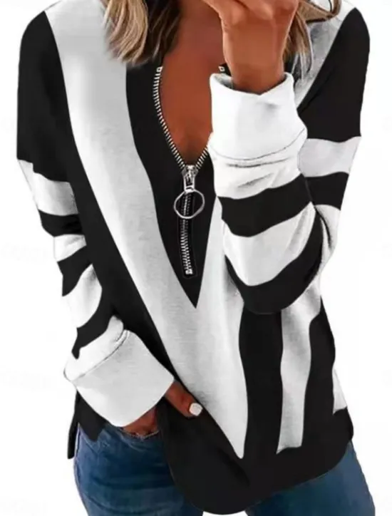 Best Women's Quarter Zipper Sweater Pullover Geometric Casual Long Sleeve Crew Neck Regular Tops Street Dailywear Casual Print Black White Red Blue Gray Fall Winter Women Hoodies & Sweatshirts