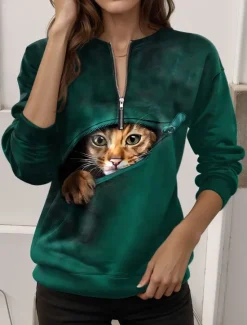 Outlet Women's Quarter Zipper Sweater Cat Street Dailywear Print Casual Crew Neck Long Sleeve Micro-elastic Fall Winter Comfrt Breathable Soft Fabric Women Hoodies & Sweatshirts